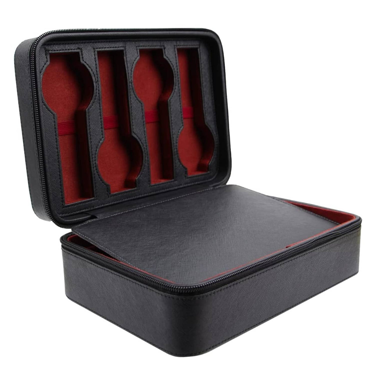 Black PU leather jewelry box with zip-open lid and red-lined accessory slots