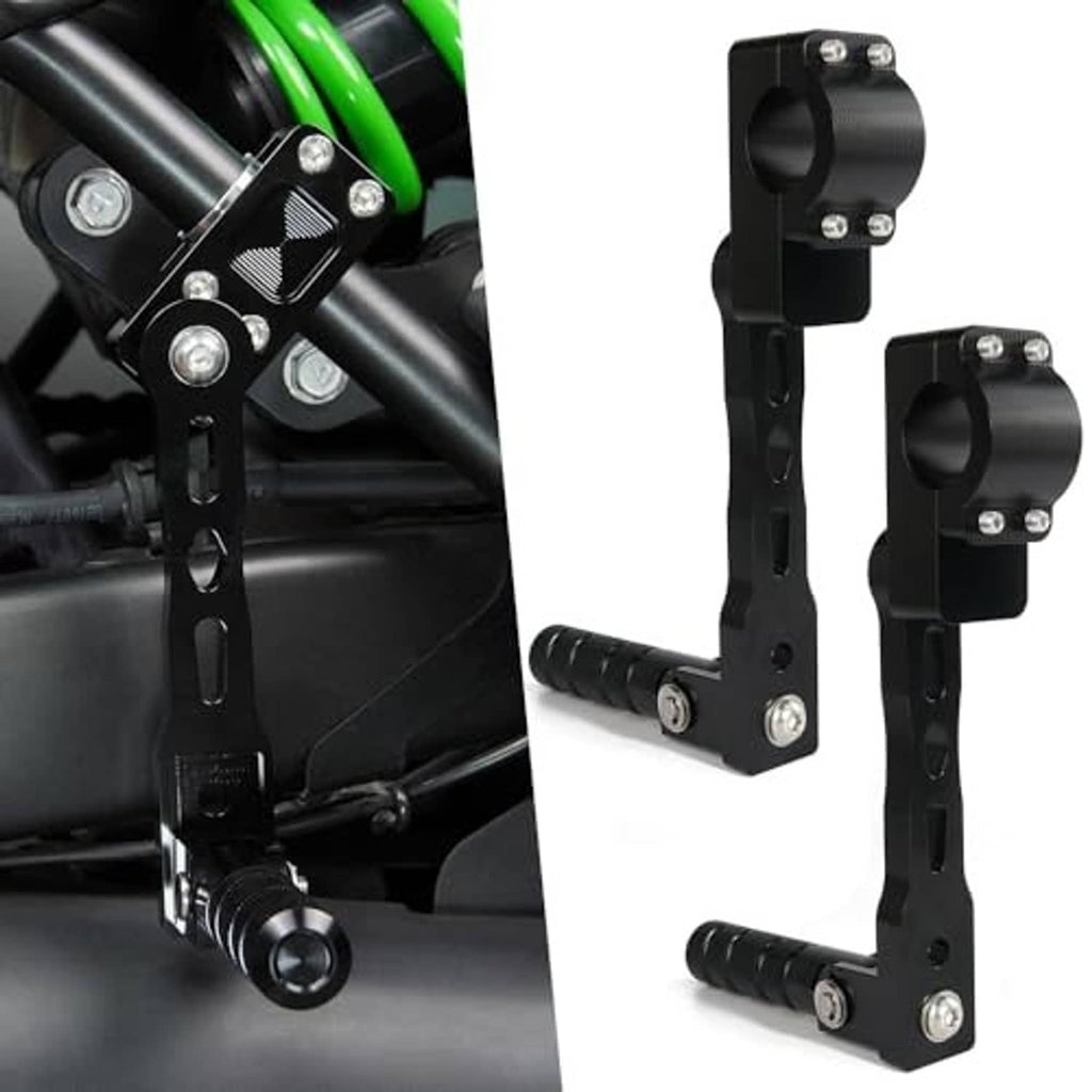 Pair of black adjustable highway foot peg mounts with folding pegs and mounting plates