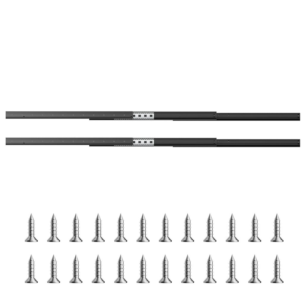 Undermount drawer slide rails with matching mounting screws shown