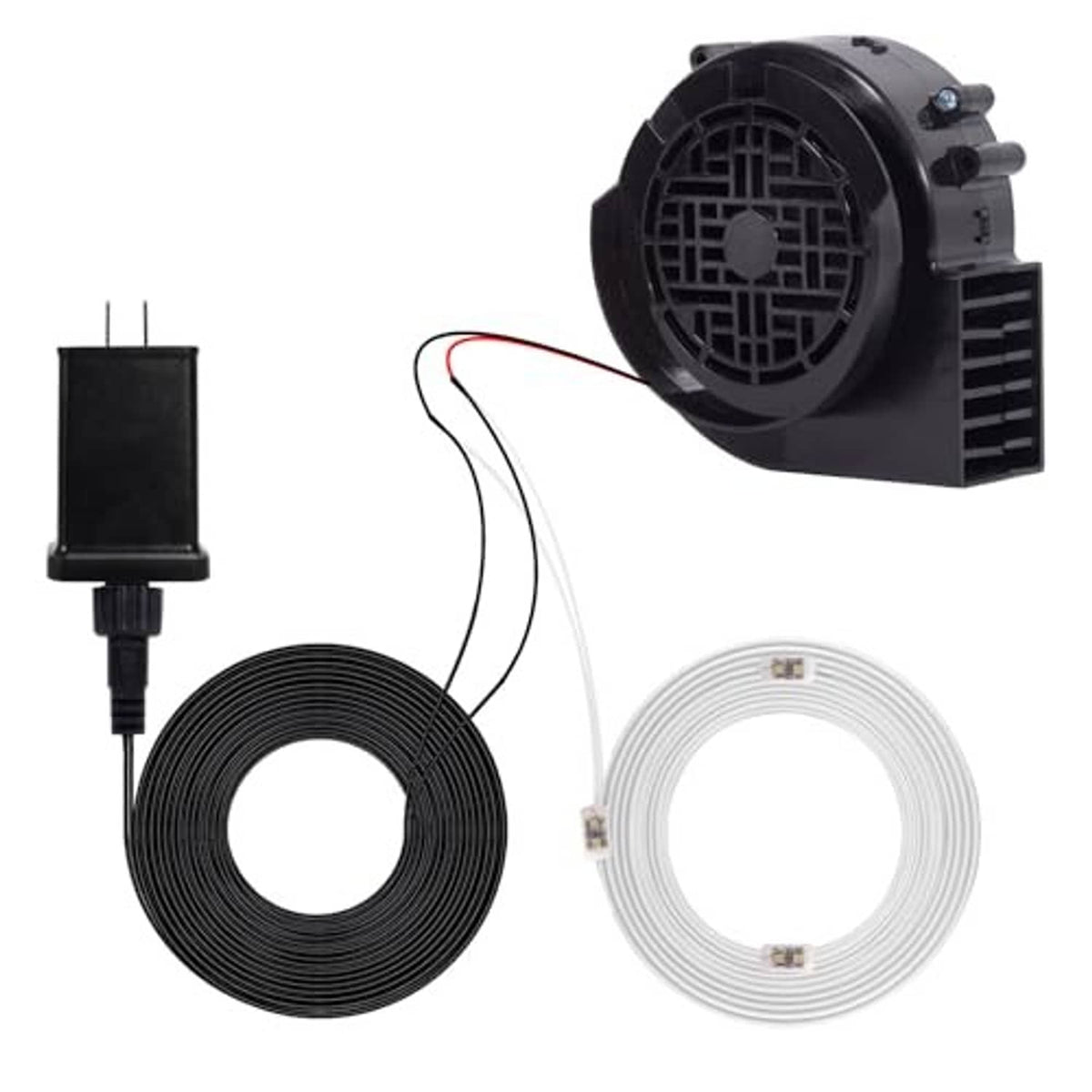 12V mini inflatable air blower kit with coiled black and white air tubes and adapter