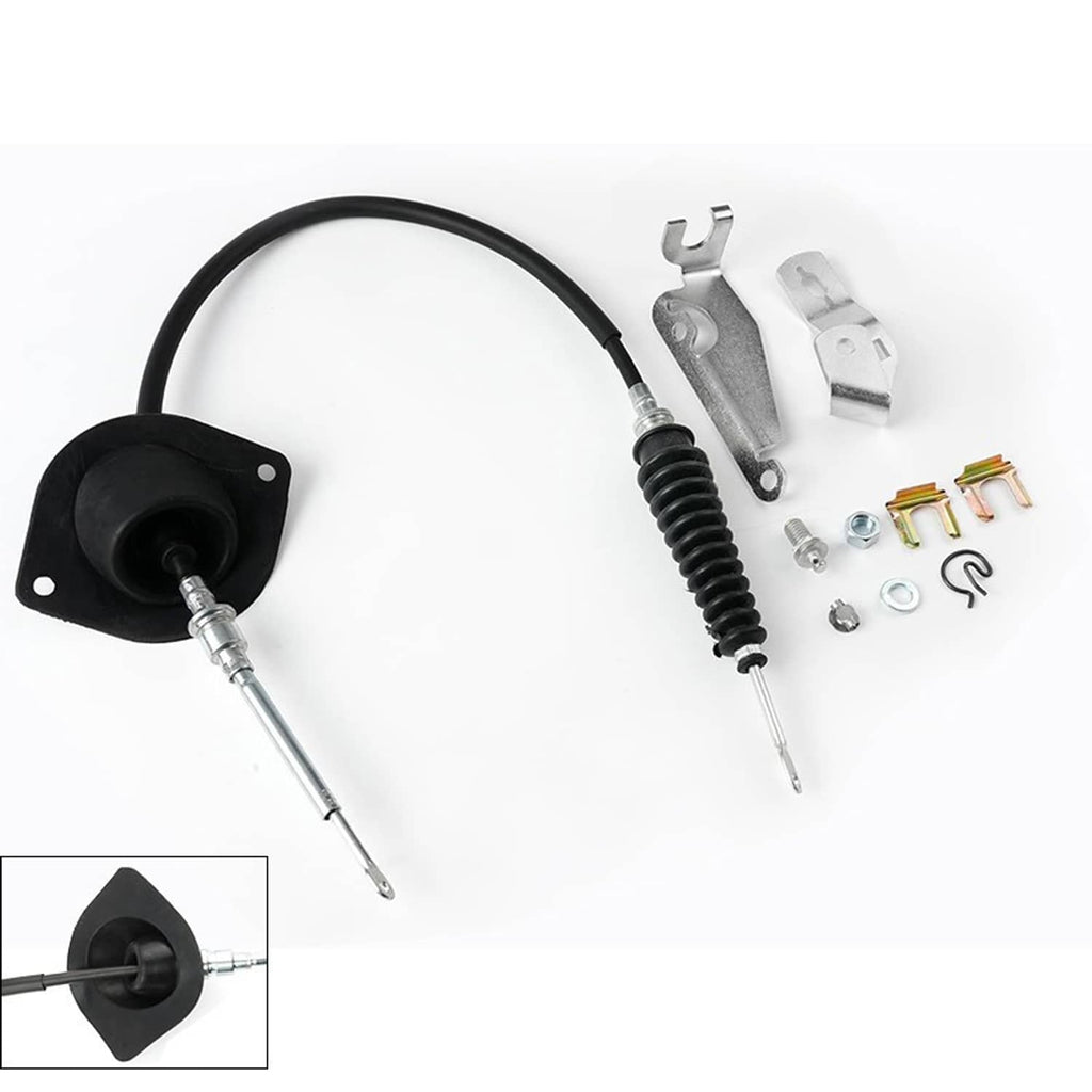 Transmission shift cable assembly with black boot, coiled spring section, and brackets
