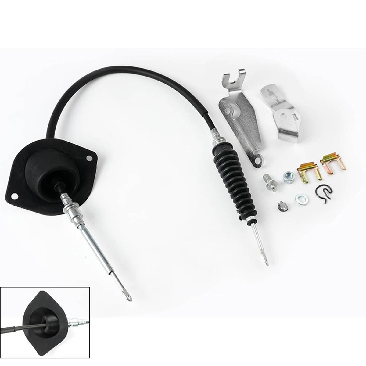 Transmission shift cable assembly with black boot, coiled spring section, and brackets