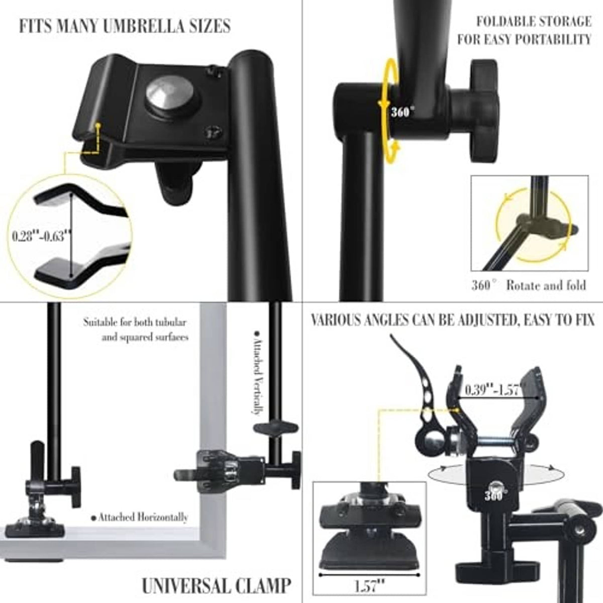 Universal clamp attachment for black umbrella with 360° rotate-and-fold design