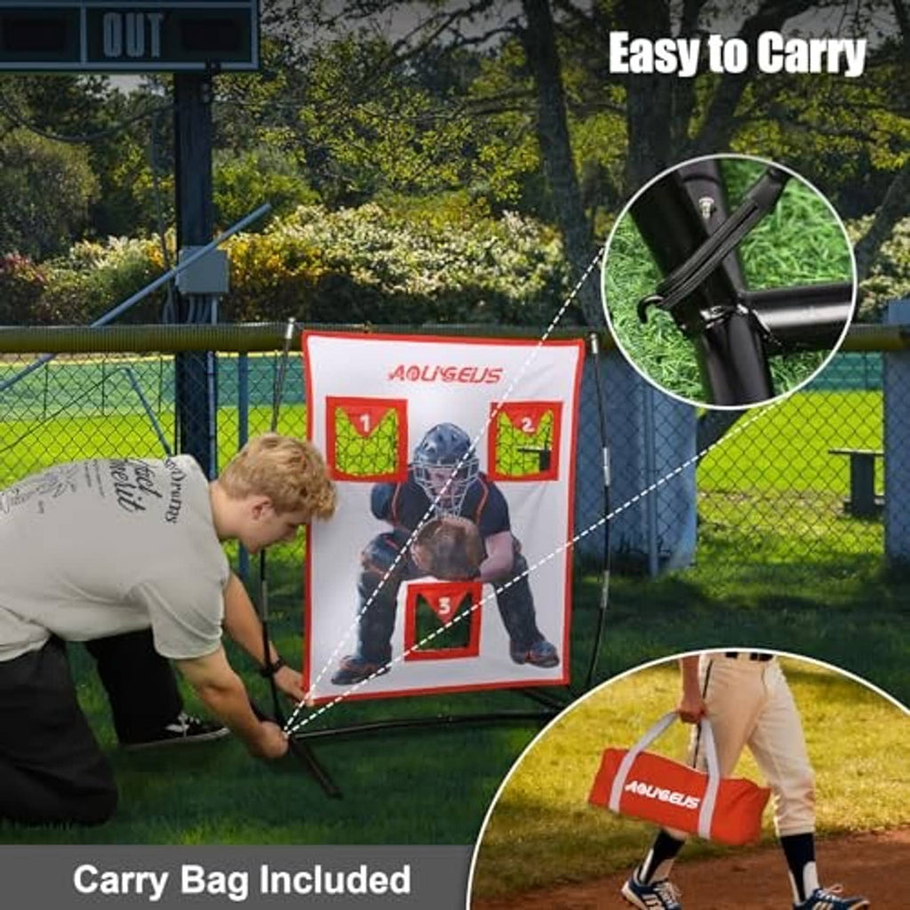 Baseball pitching target net with three red pockets, catcher, and included carry bag