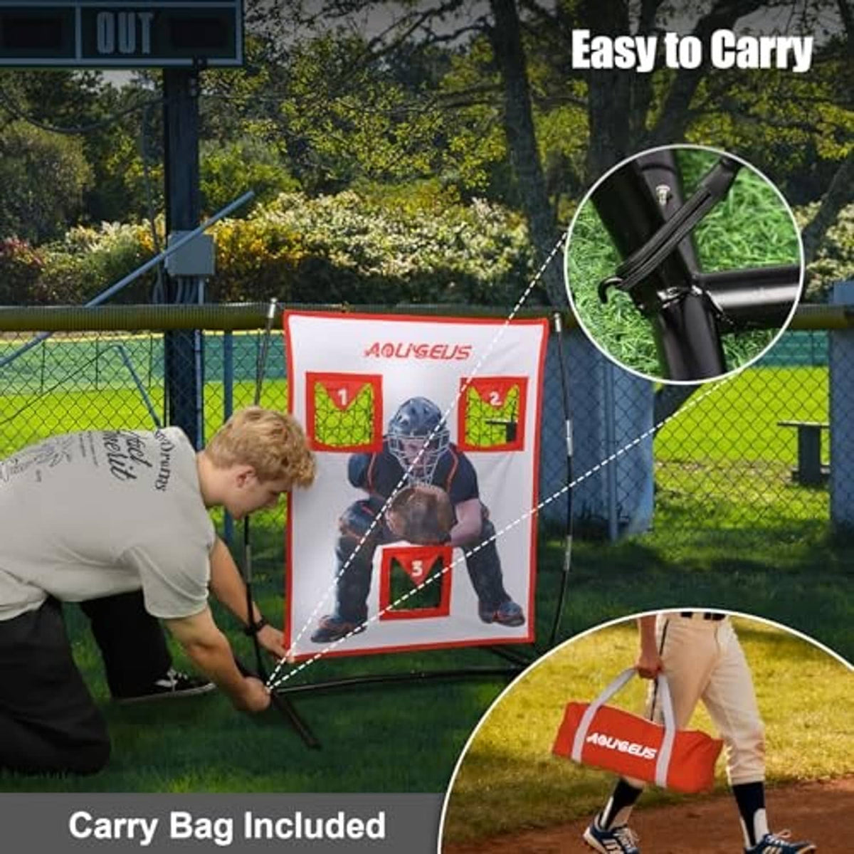 Baseball pitching target net with three red pockets, catcher, and included carry bag