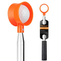 Orange golf ball retriever with wide scoop head and telescopic metal shaft, black foam grip