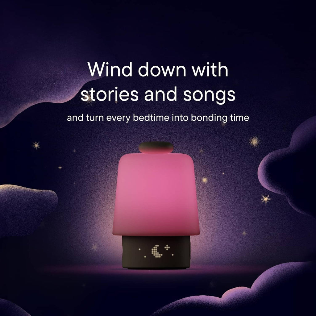 Baby night light sound machine with pink glow and star-pattern light on base