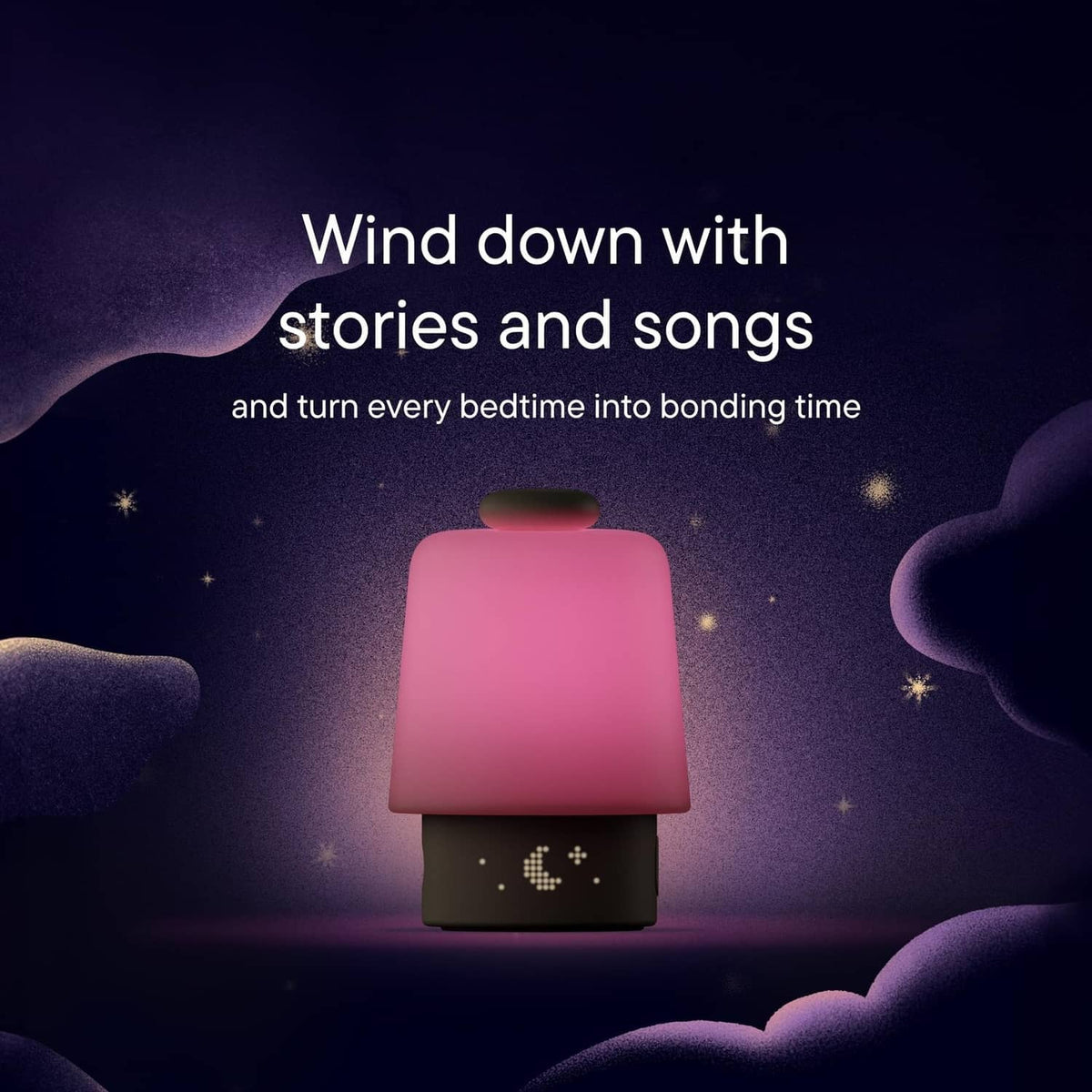 Baby night light sound machine with pink glow and star-pattern light on base