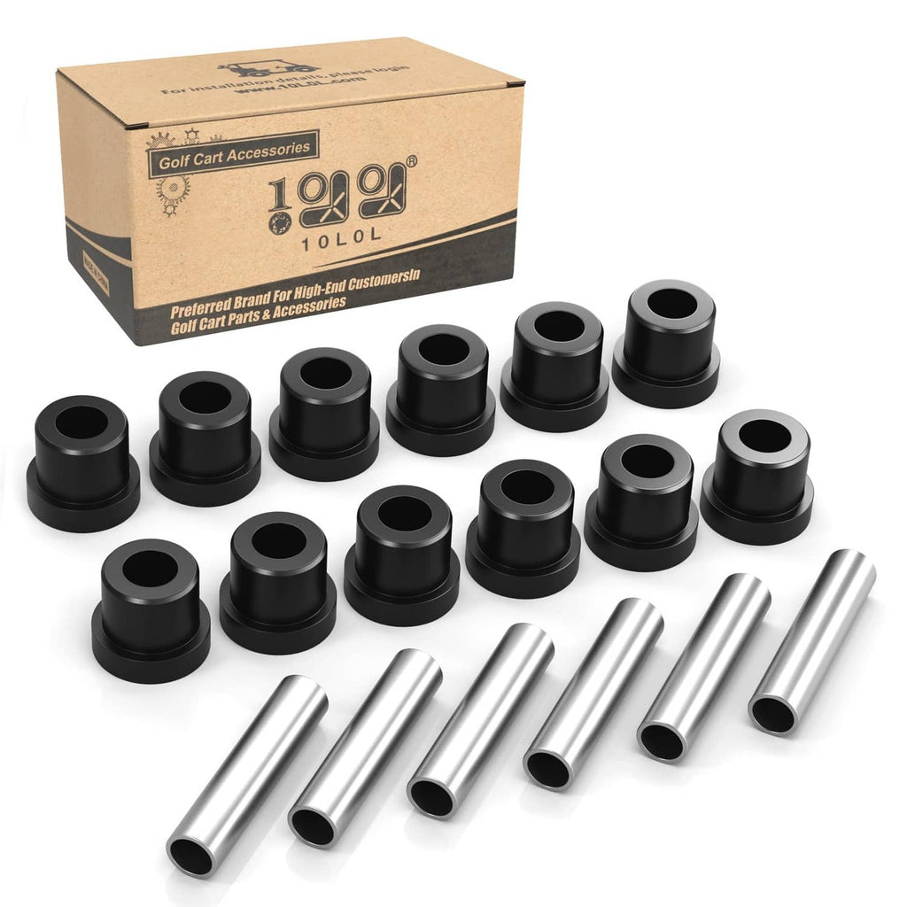 Black golf cart spring bushing kit with rubber sleeves and steel pins, 12-piece set
