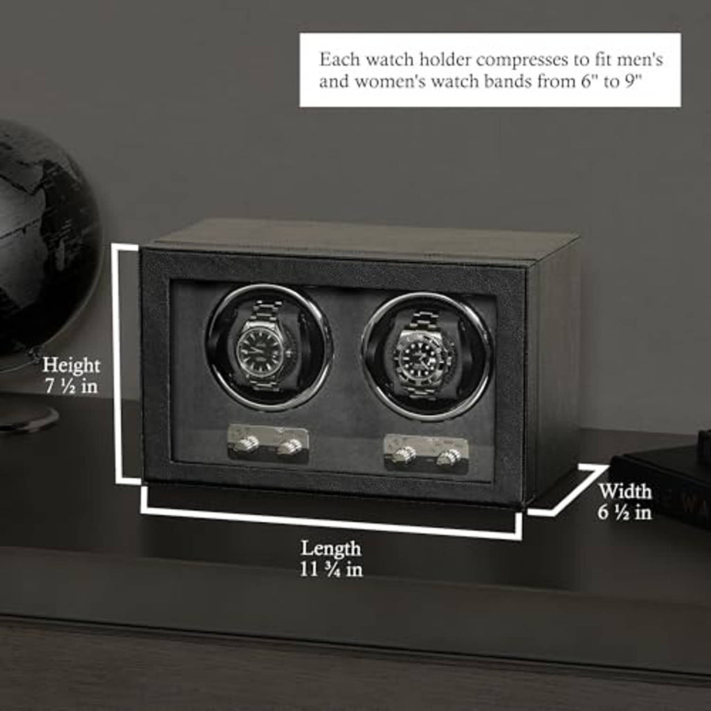 Black double watch winder with two round holders set in a hinged display case