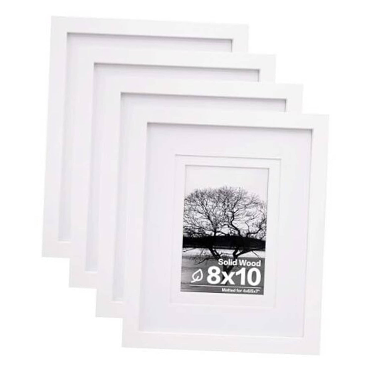 Set of 4 white picture frames with plexiglass, 8x10 front view, nested layout