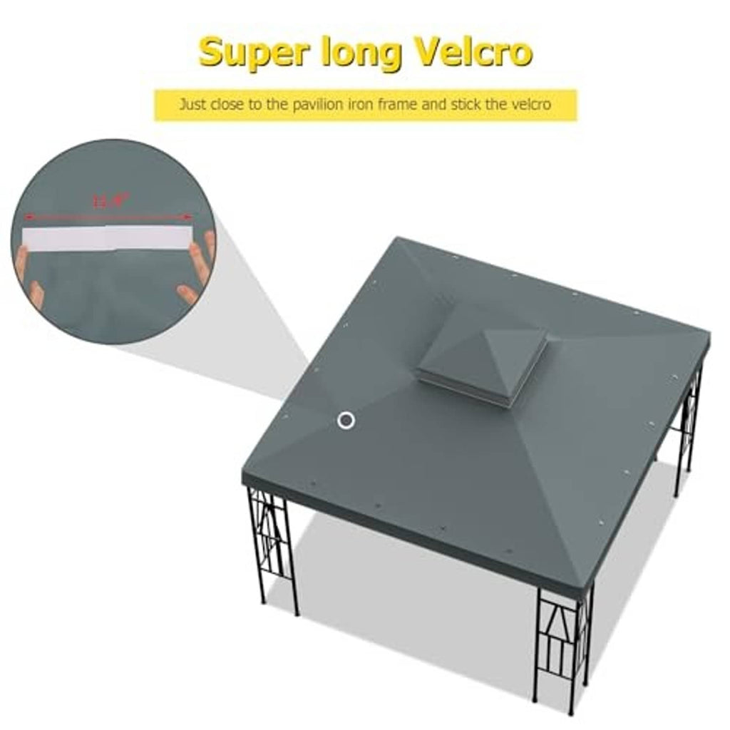 Gray gazebo canopy top cover with Velcro flap detail and grommeted corners