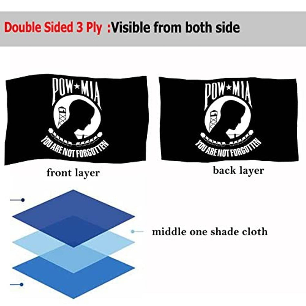 Double-sided POW*MIA flag front and back layers with 'You are not forgotten' emblem