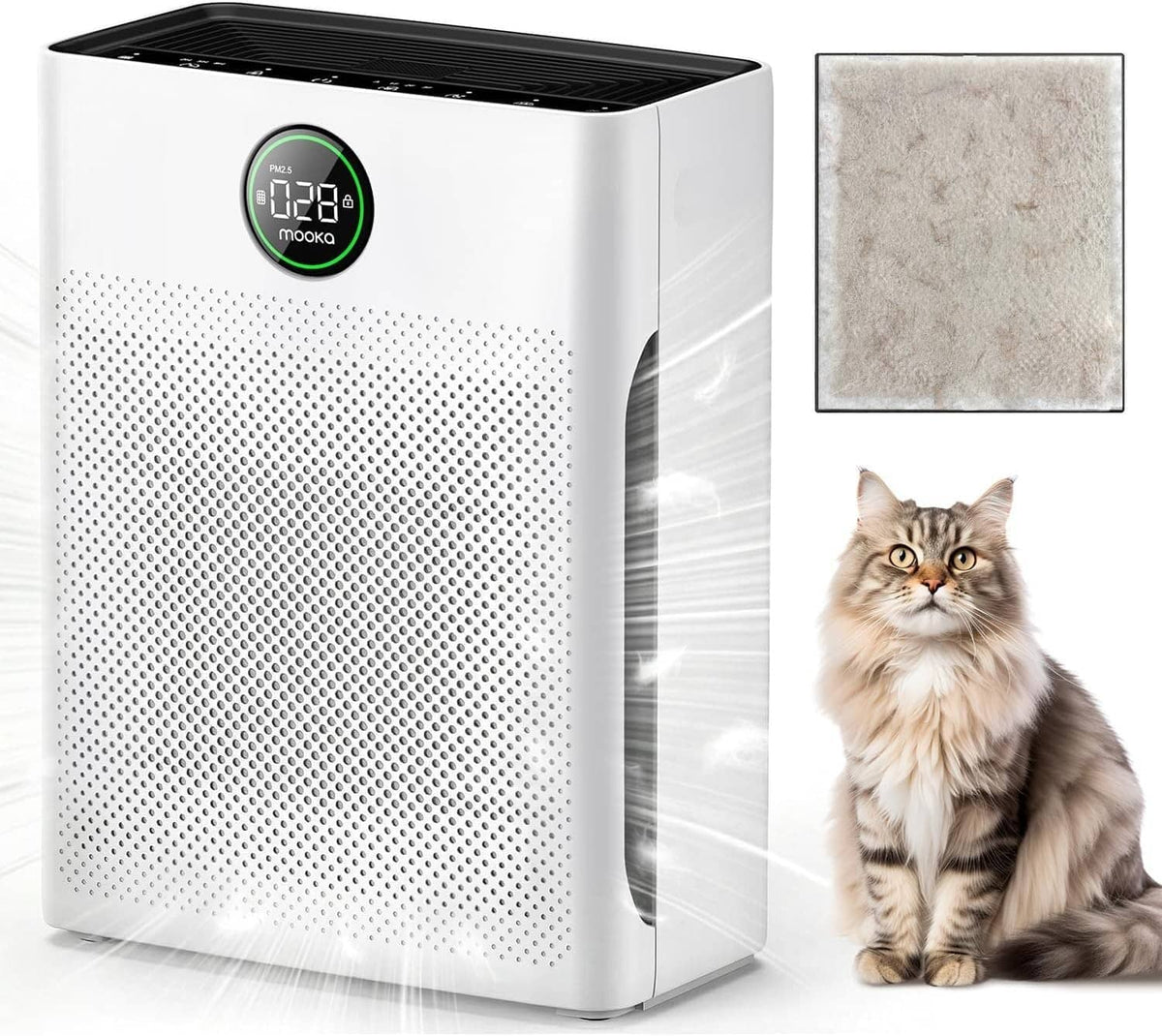 White MOOKA air purifier with front grille and round digital display panel