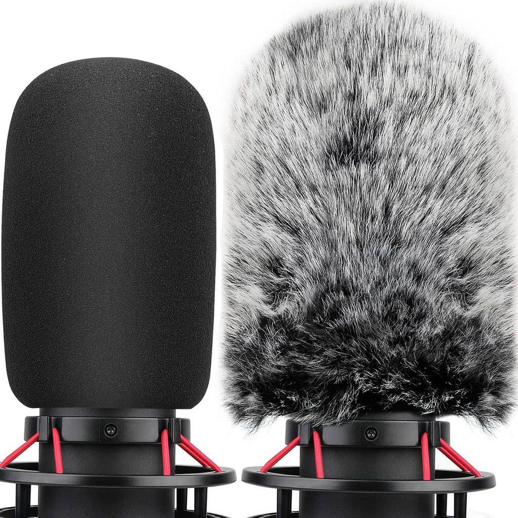 Pop filter with black foam windscreen and red mounting clips for desk microphone