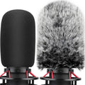 Pop filter with black foam windscreen and red mounting clips for desk microphone