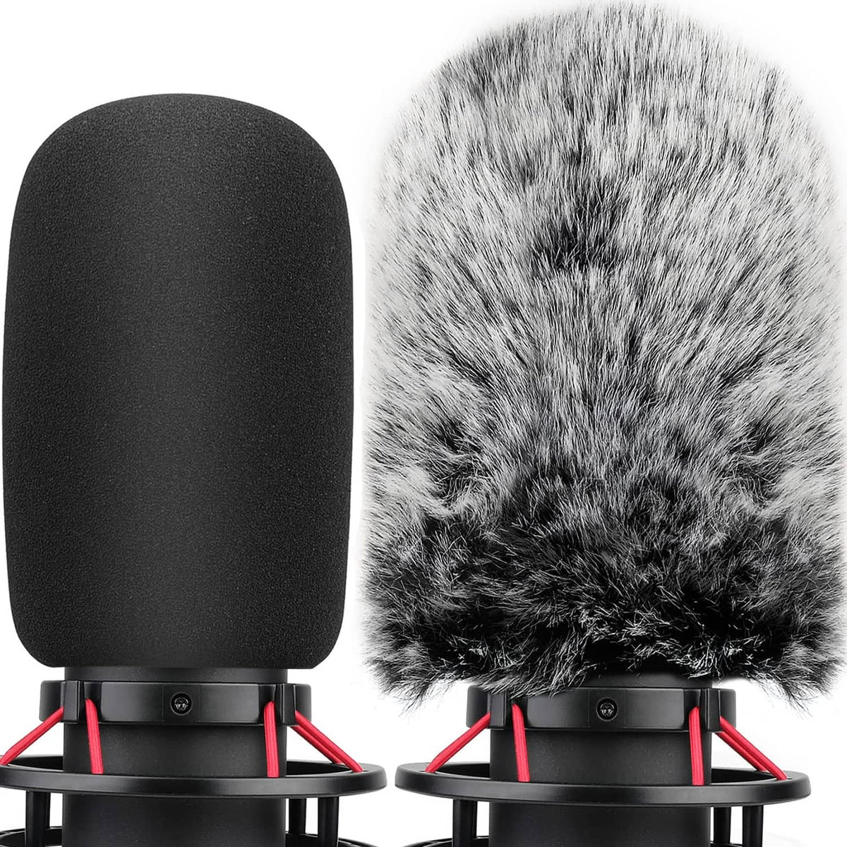Pop filter with black foam windscreen and red mounting clips for desk microphone