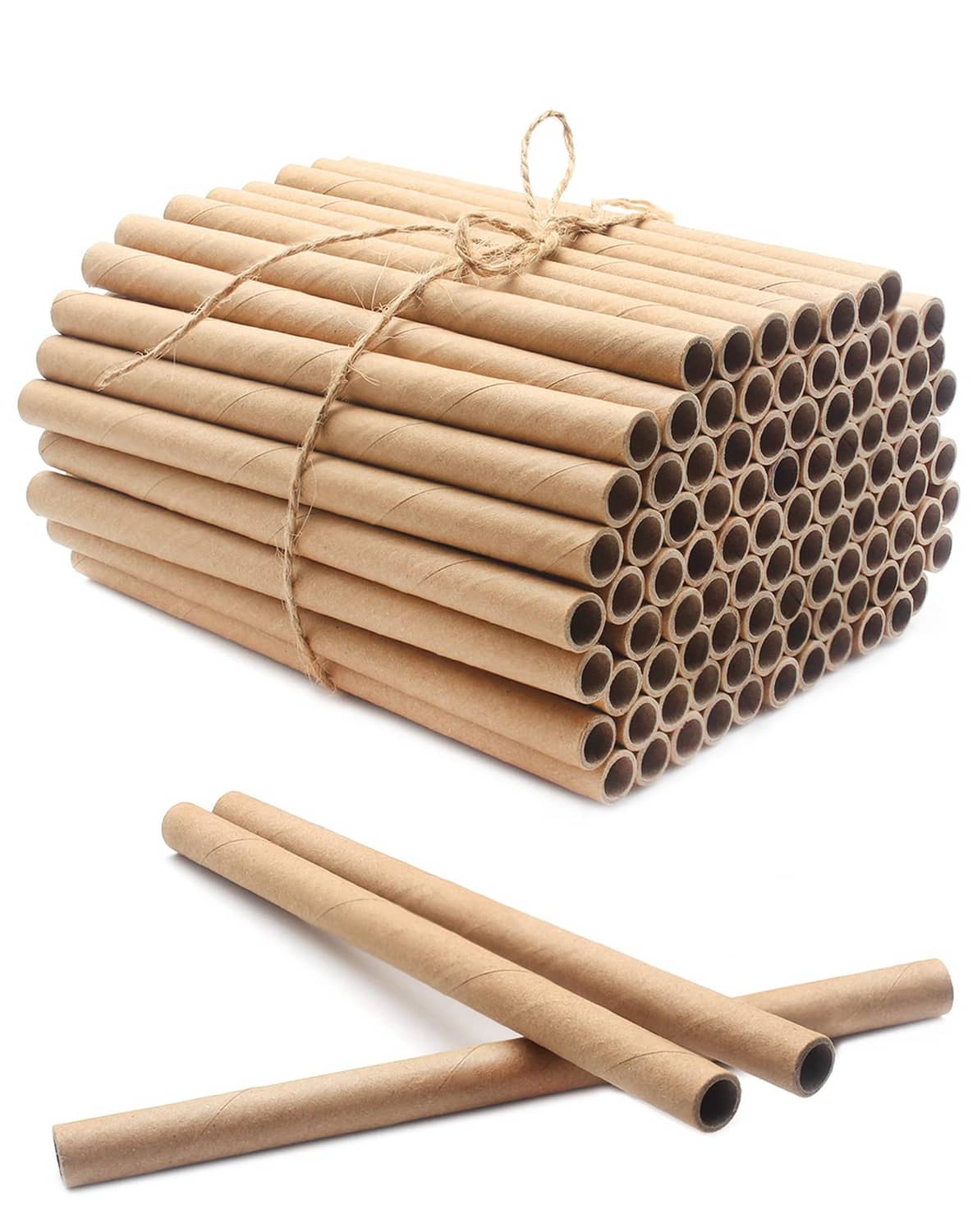 Cardboard mason bee nesting tubes refill, bundled in a pack with loose tubes visible