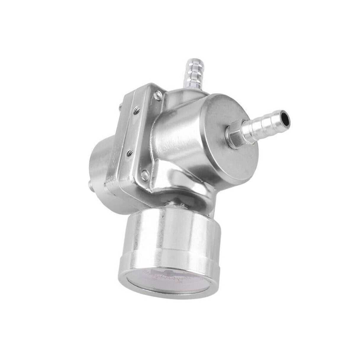 Adjustable fuel pressure regulator with hose outlet fitting and silver metal body