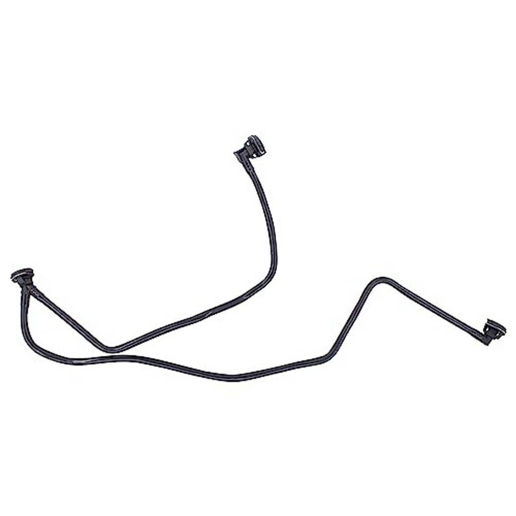 Upper radiator coolant overflow hose with several connectors and attached clamps.
