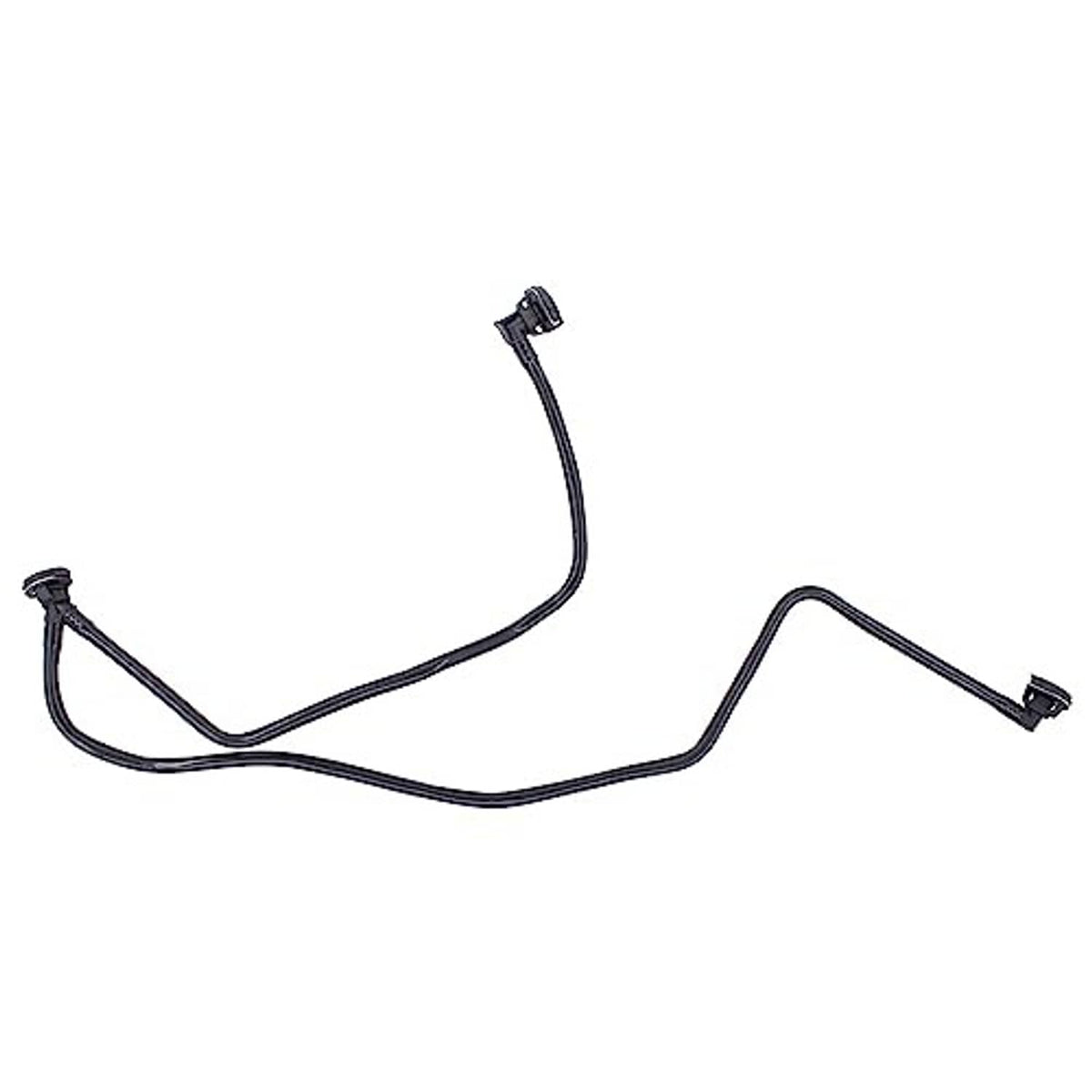 Upper radiator coolant overflow hose with several connectors and attached clamps.