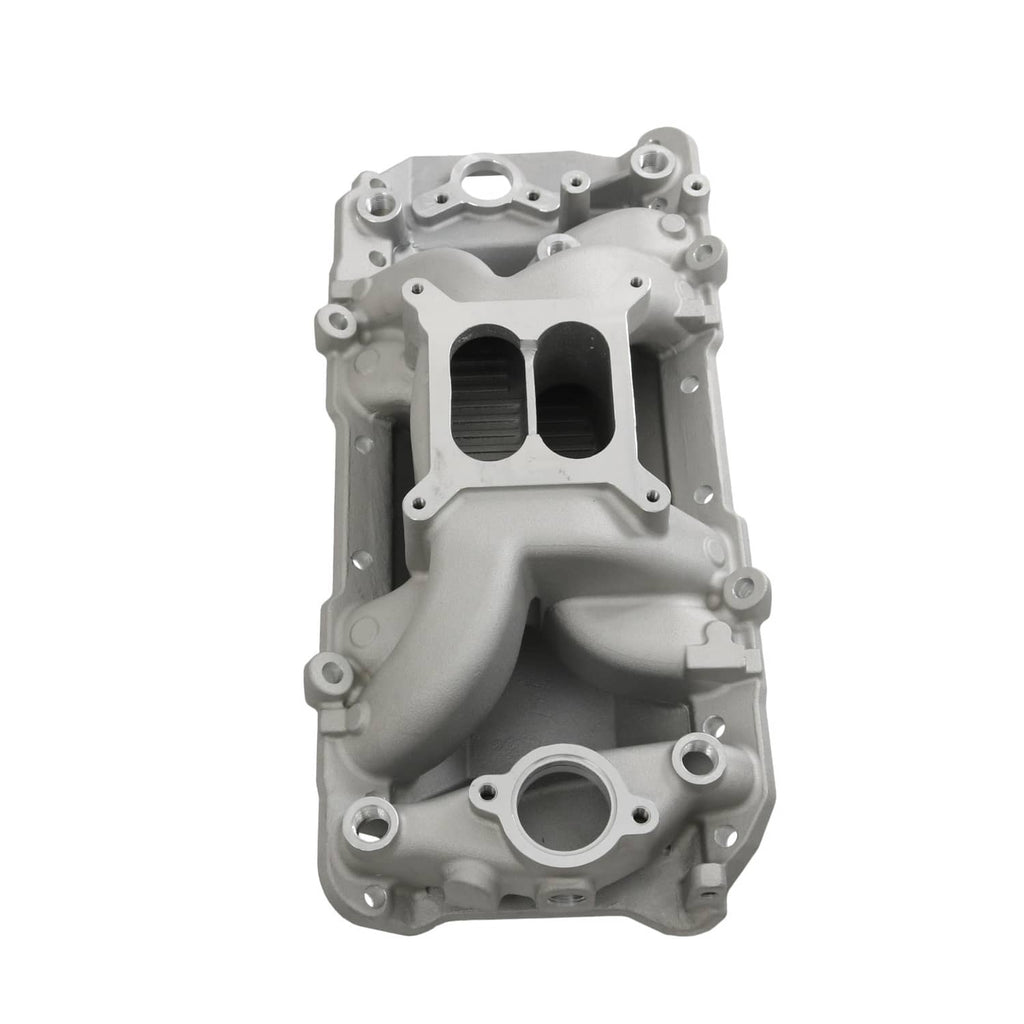 Dual plane intake manifold, top-front view with dual intake openings and mounting holes