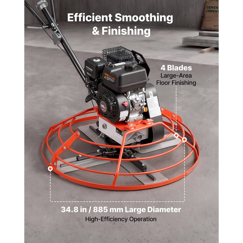 Gas concrete power trowel with 4 blades, orange guard, and upright handle