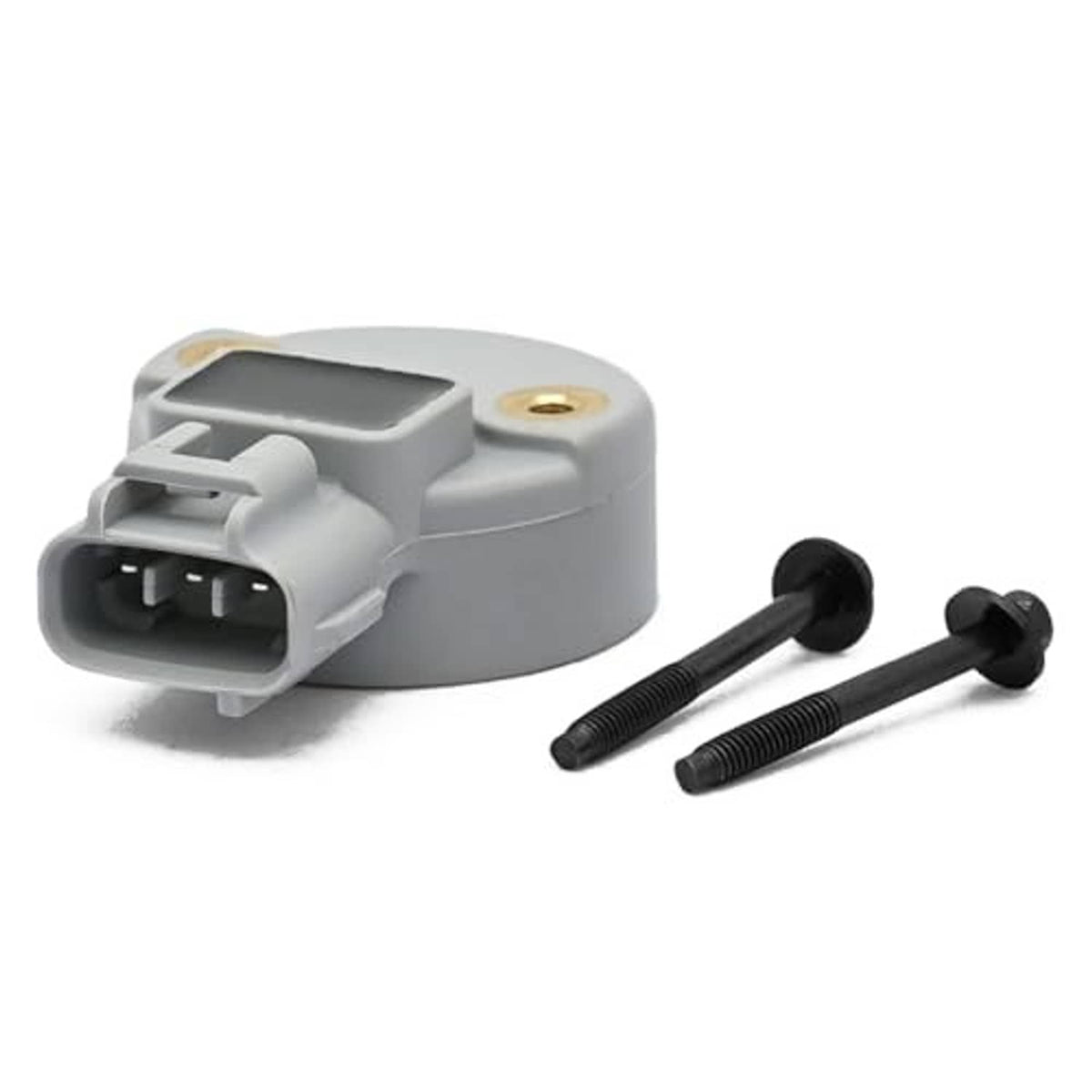 Camshaft position sensor with gray body, black electrical connector, and two screws