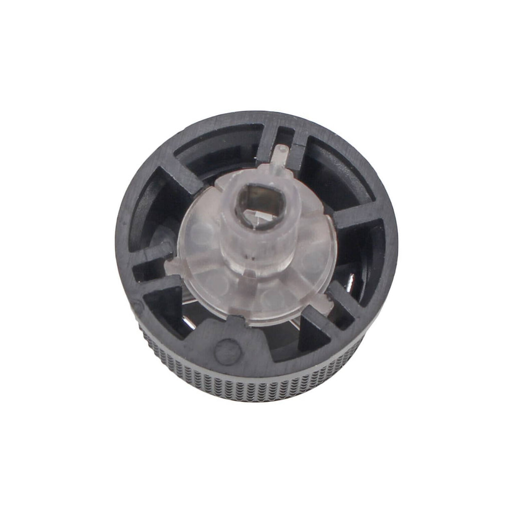 Back view of black HVAC temperature control knob with mounting pin and wheel clips