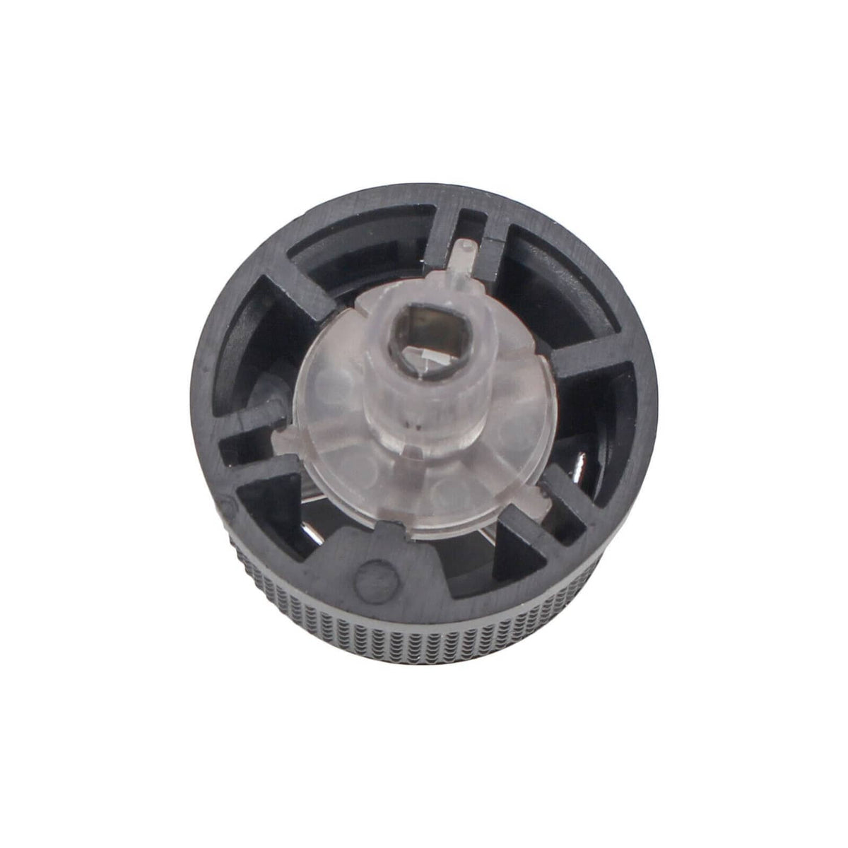 Back view of black HVAC temperature control knob with mounting pin and wheel clips