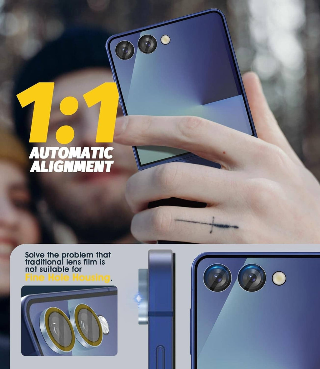 Hands holding a blue phone with camera lens protector aligned on lenses