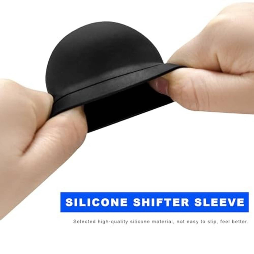 Black gear shift knob cover sleeve held by hand, flexible smooth surface