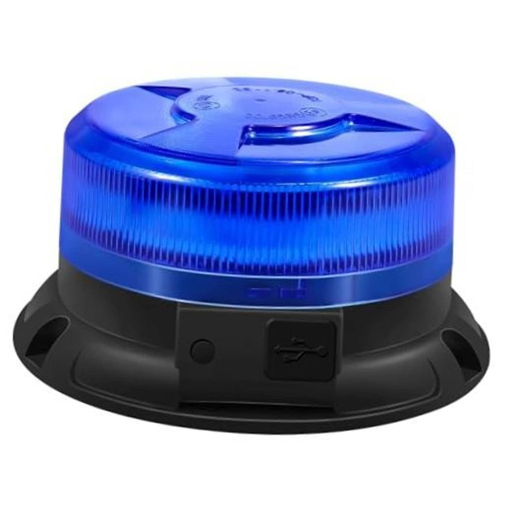 Blue LED strobe beacon light with clear top dome and black magnetic base