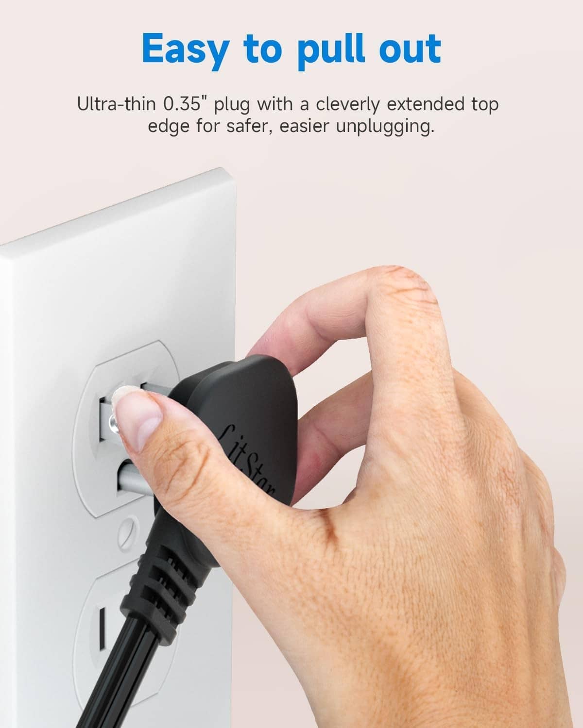 Black flat wall plug extension cord with slim body for easy hand pull-out