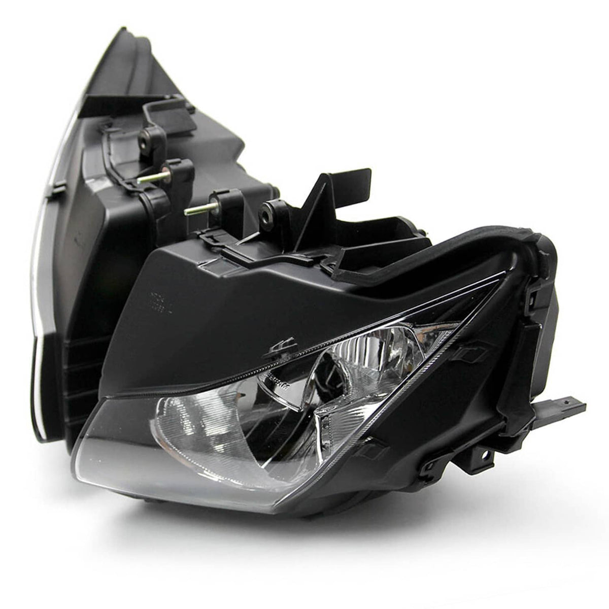 Front headlamp assembly with black housing, clear lens, and wiring visible