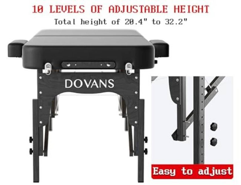 Black massage table base with adjustable height legs and padded headrest extensions