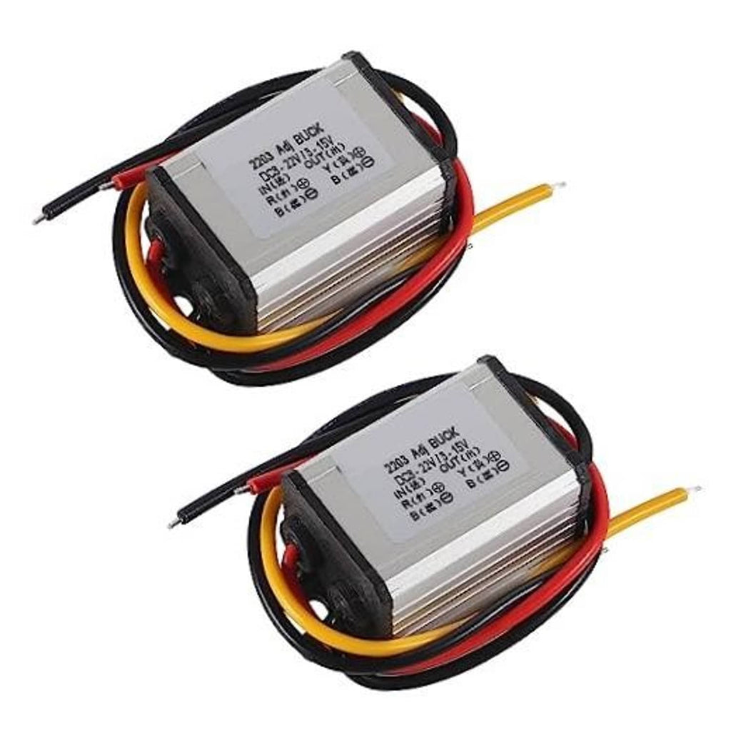 DC adjustable buck converter module with red/black/yellow wires, two-pack style design