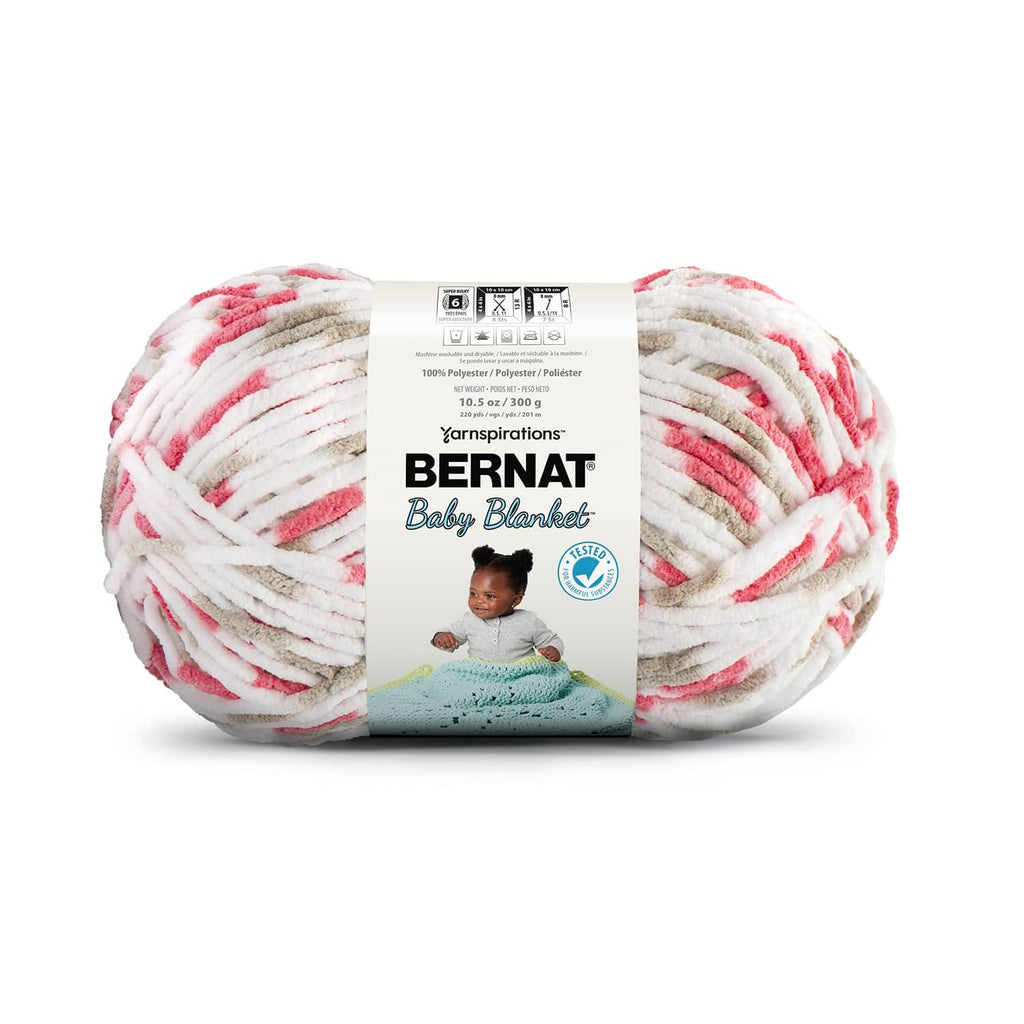 Chenille-style baby blanket yarn skein in pink, white, and light gray stripes