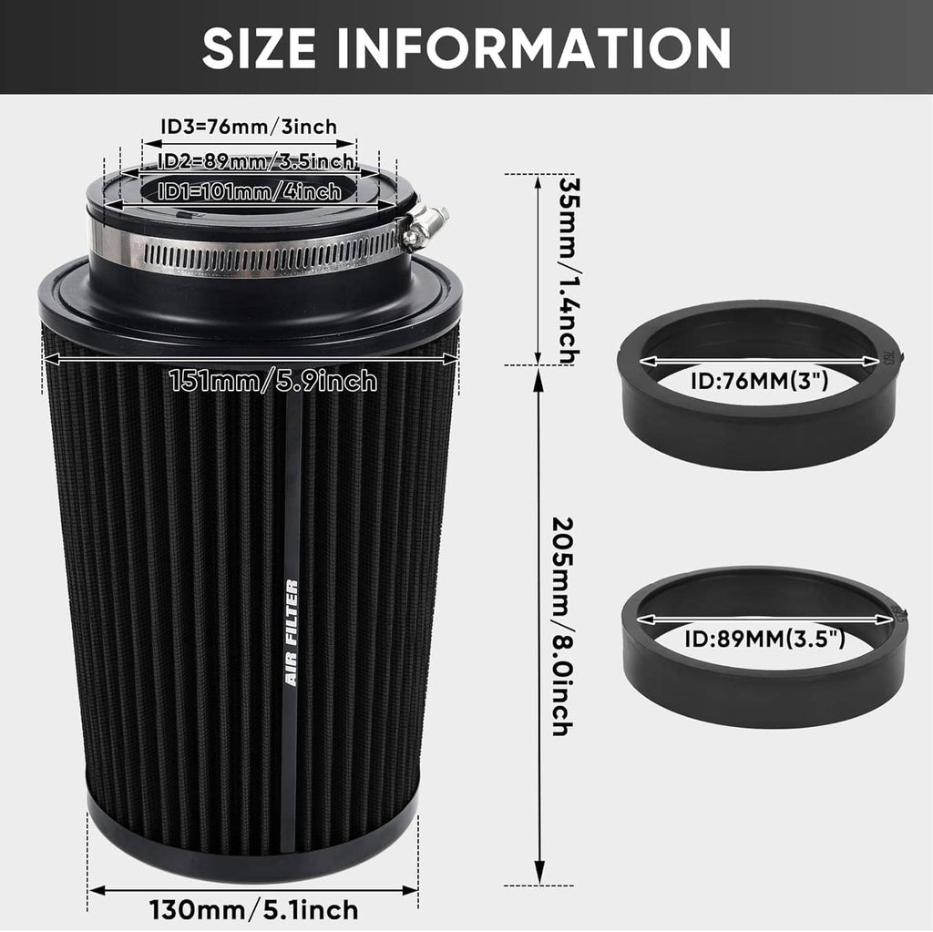 Black cylindrical intake filter with clamp-style top rim and stacked size rings