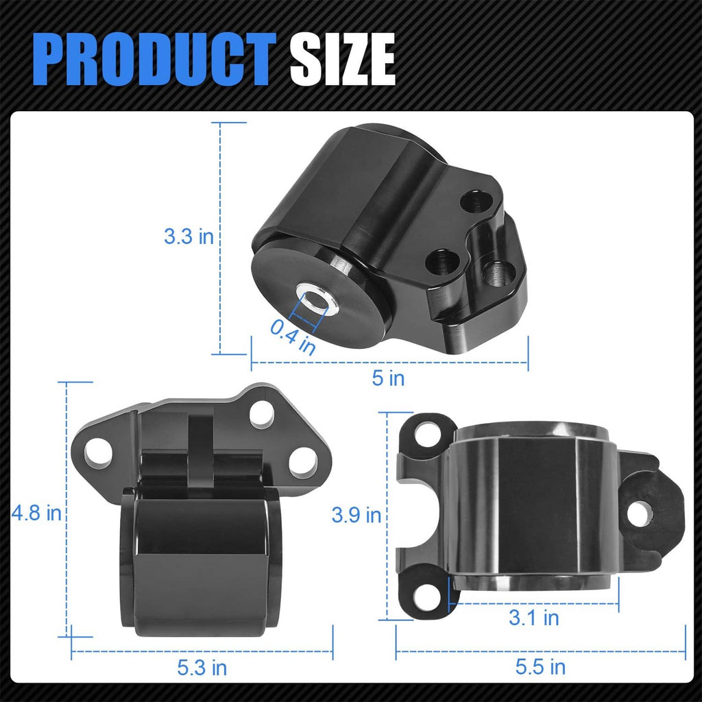 Engine motor mount bracket with round bushing, shown with size measurements