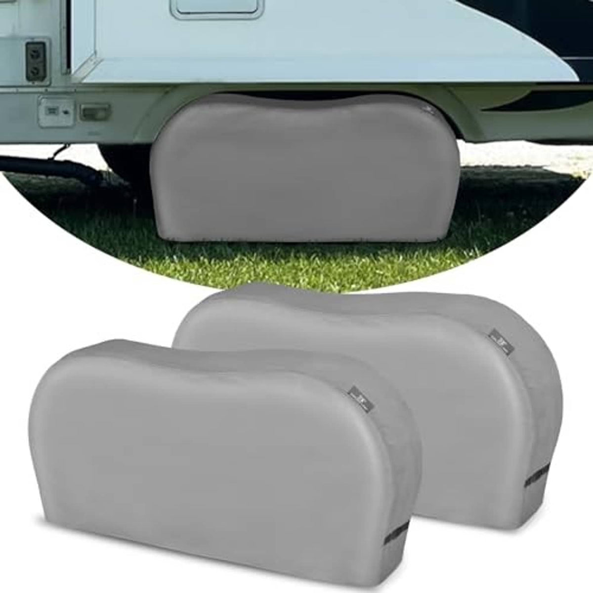 Gray dual tire cover with arched profile and small logo label patch on front