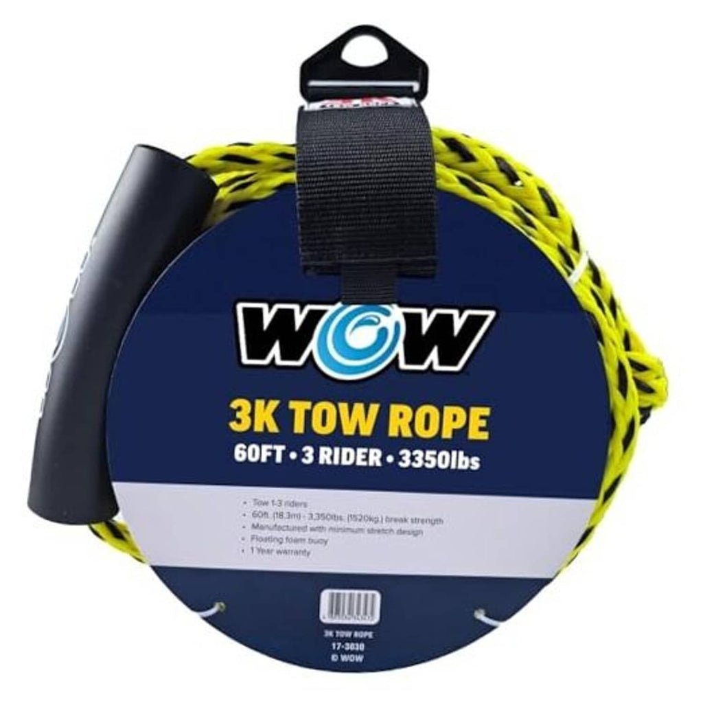 Yellow tow rope with black floating foam buoy, coiled with attached strap