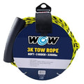 Yellow tow rope with black floating foam buoy, coiled with attached strap