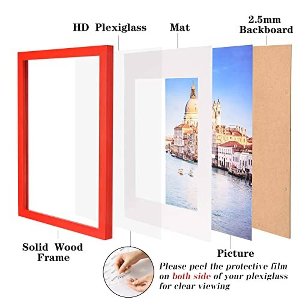Red solid wood picture frame with plexiglass, mat, and 2.5mm backboard