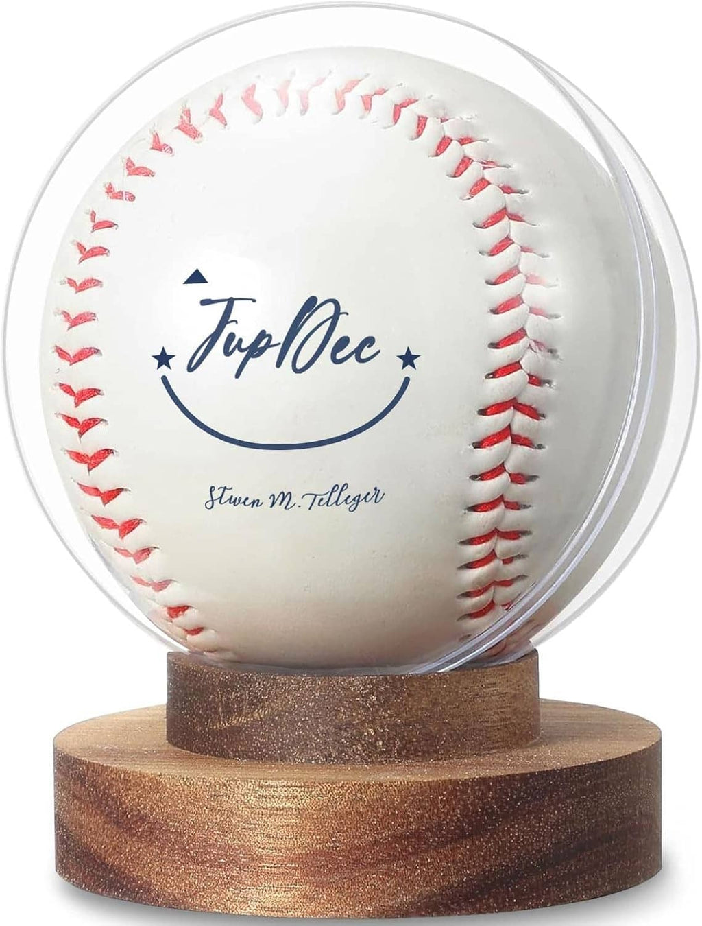 Round clear baseball display case with baseball inside and brown wooden base