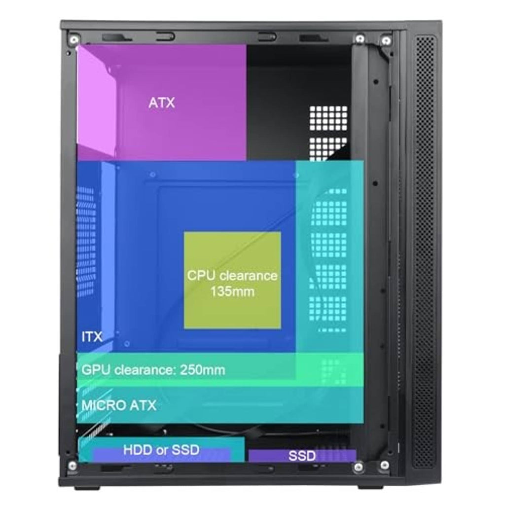 Open black desktop case interior with clearance layout and vented side panel