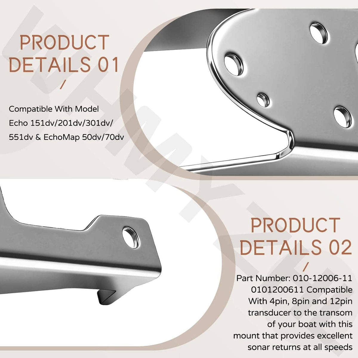 Stainless steel transom mount spray shield bracket close-up with bolt holes