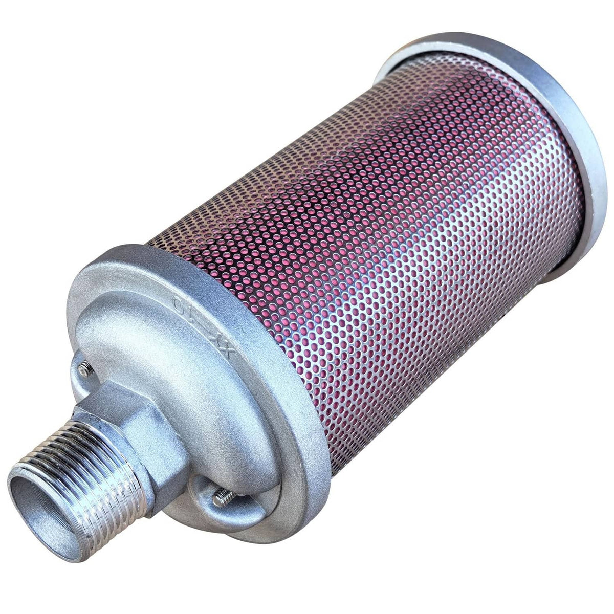 Metal air muffler with red perforated mesh cylinder and 1-inch NPT threaded inlet