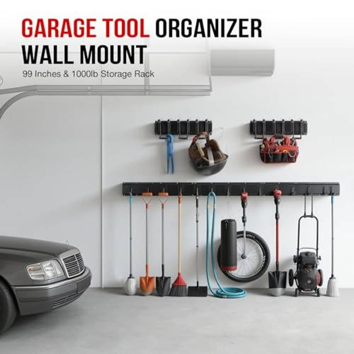 Wall-mounted garage tool organizer rack with hooks and holders for yard tools