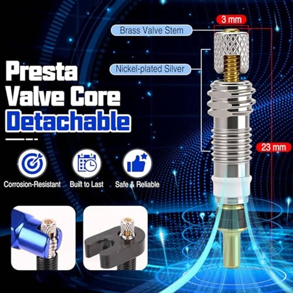 Detachable Presta valve core with silver threaded body and brass insert, for tubeless use